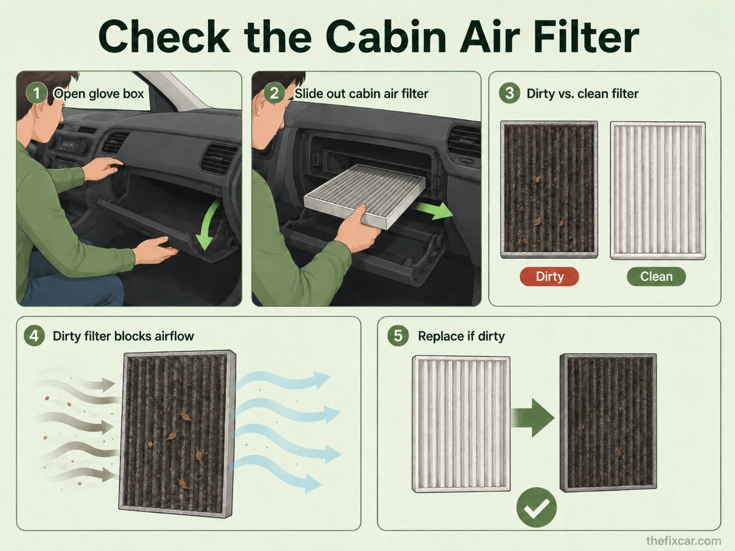 How to check cabin air filter for AC cooling: open glove box, slide out filter, compare dirty vs clean, replace if clogged