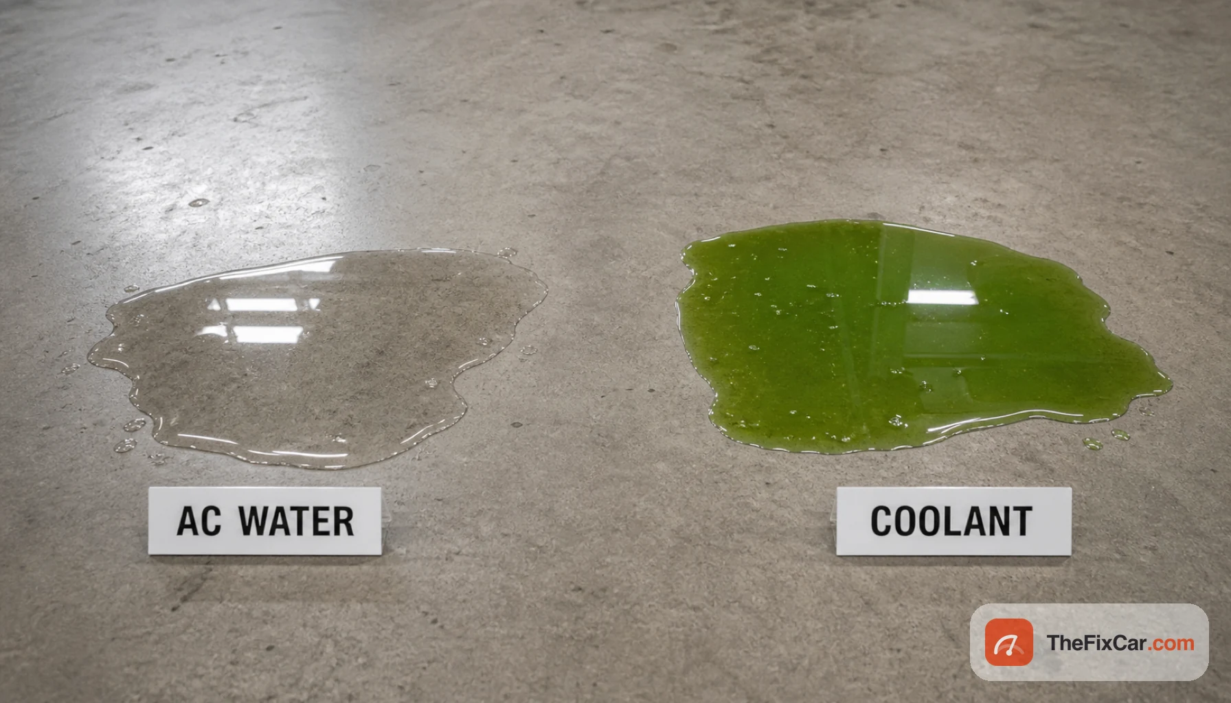 Side-by-side puddle comparison on a shop floor labeled AC WATER (clear and colorless) and COOLANT (bright green and oily) to help tell condensation from a heater core leak