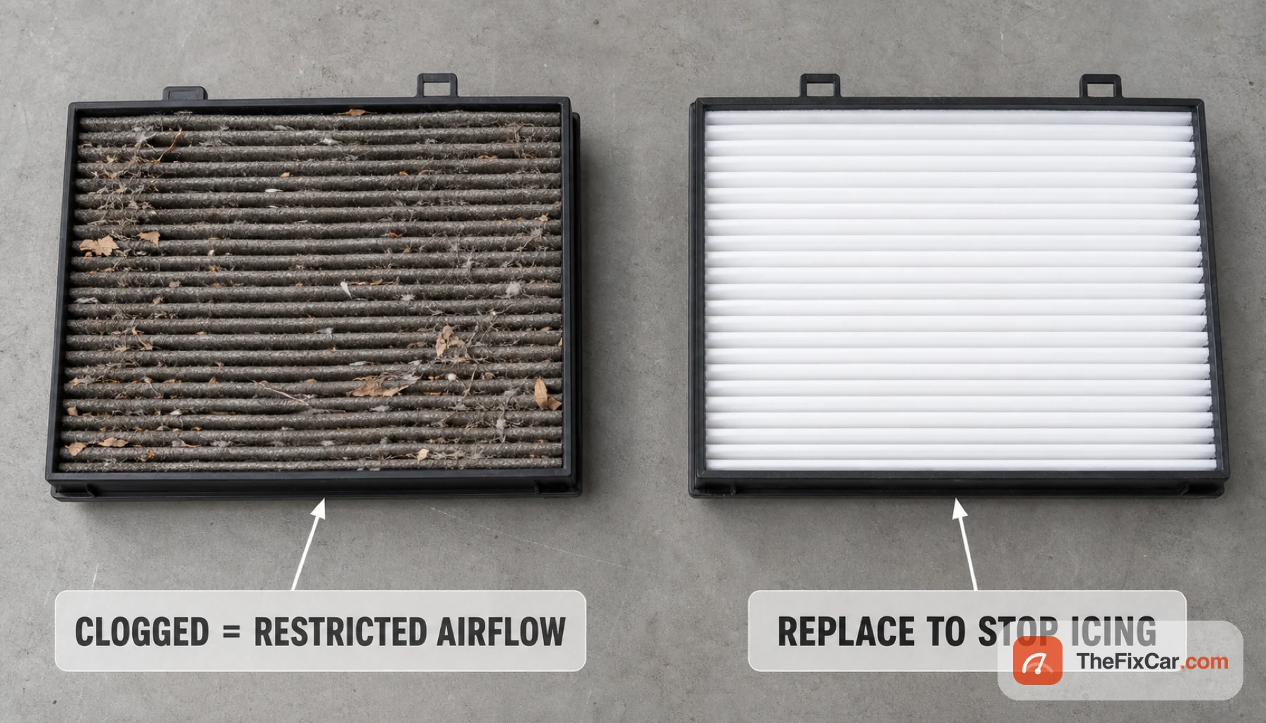 Clogged dark cabin air filter next to a clean white one, with callouts that a clogged filter restricts airflow and that replacing it helps stop evaporator icing