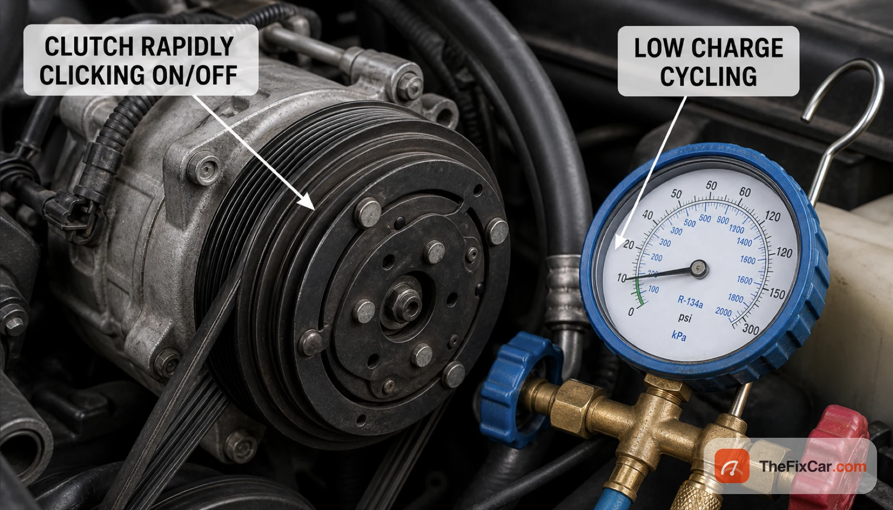 AC compressor clutch beside a manifold gauge reading low, with callouts that the clutch rapidly clicks on and off and that this is low-charge cycling