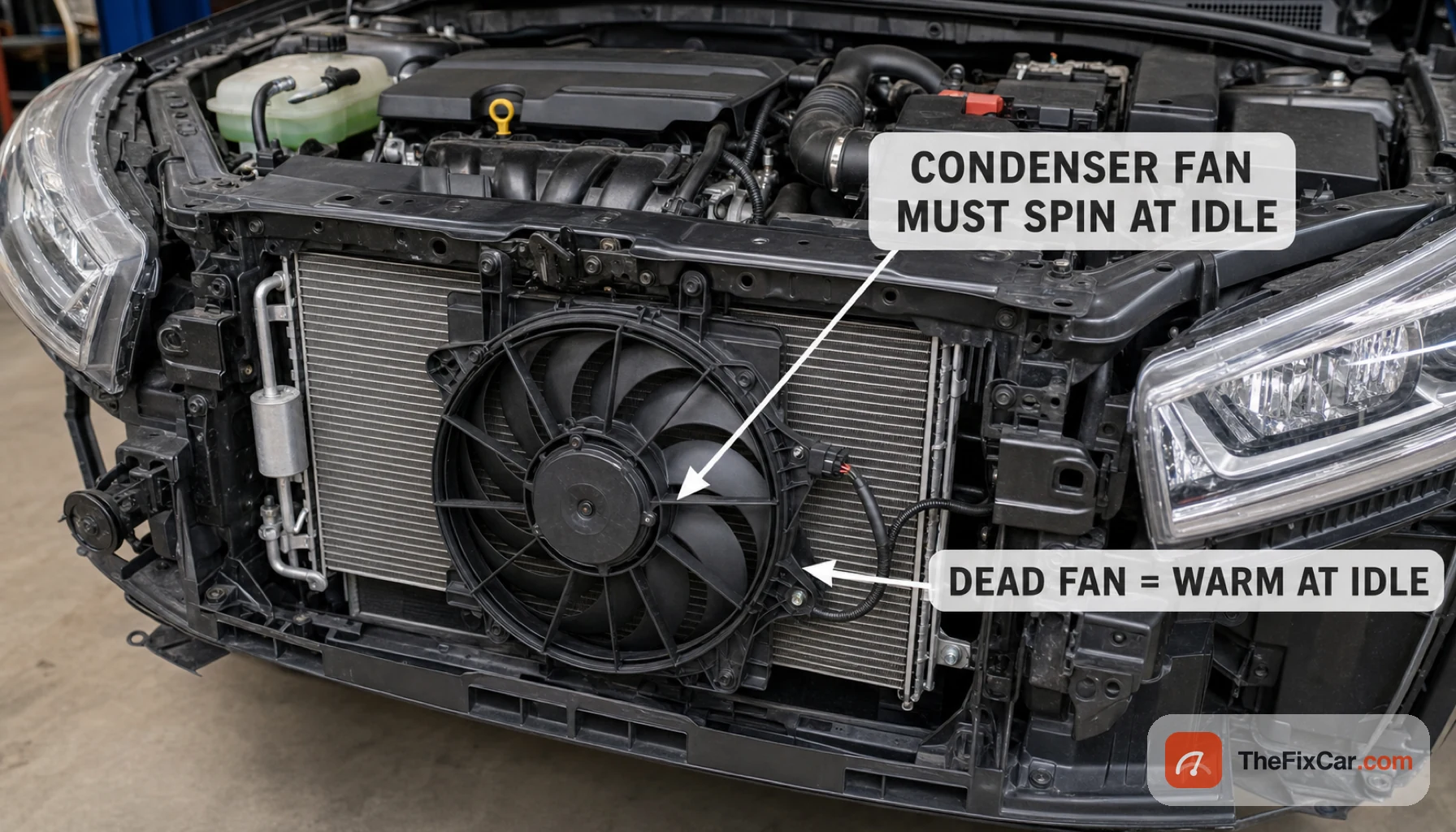 Front of a car with hood open showing the condenser and cooling fan, with callouts that the condenser fan must spin at idle and that a dead fan causes warm air at idle