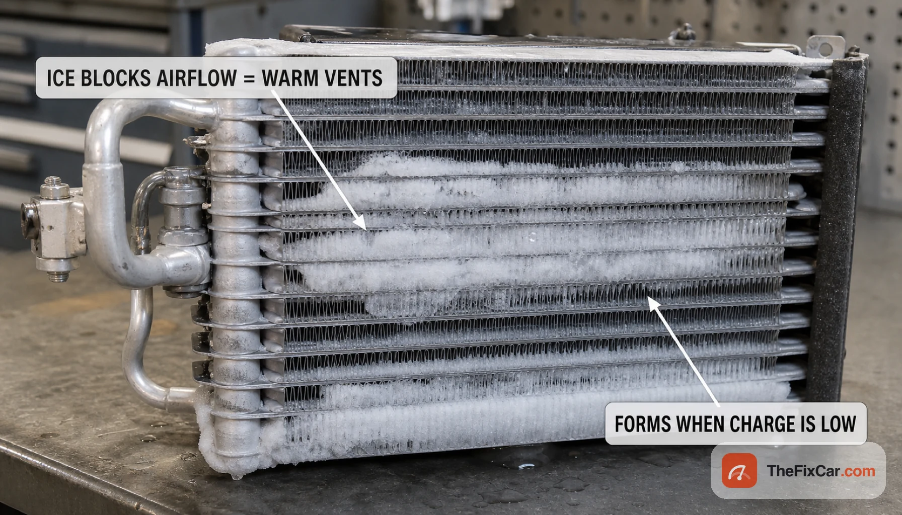 AC evaporator core coated in frost and ice on a bench, with callouts that ice blocks airflow and makes vents warm, and that it forms when the refrigerant charge is low