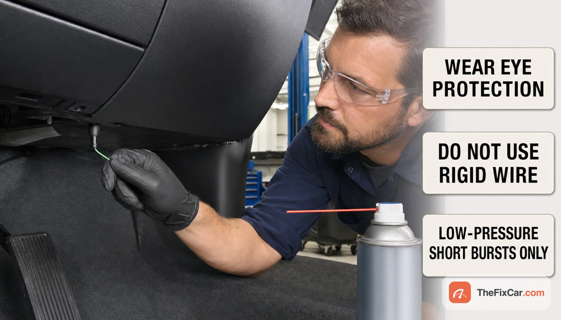 Mechanic in safety glasses gently inserting a flexible nylon line a short distance into a car AC drain outlet, compressed air can nearby, with labels reading wear eye protection, do not use rigid wire, and low-pressure short bursts only