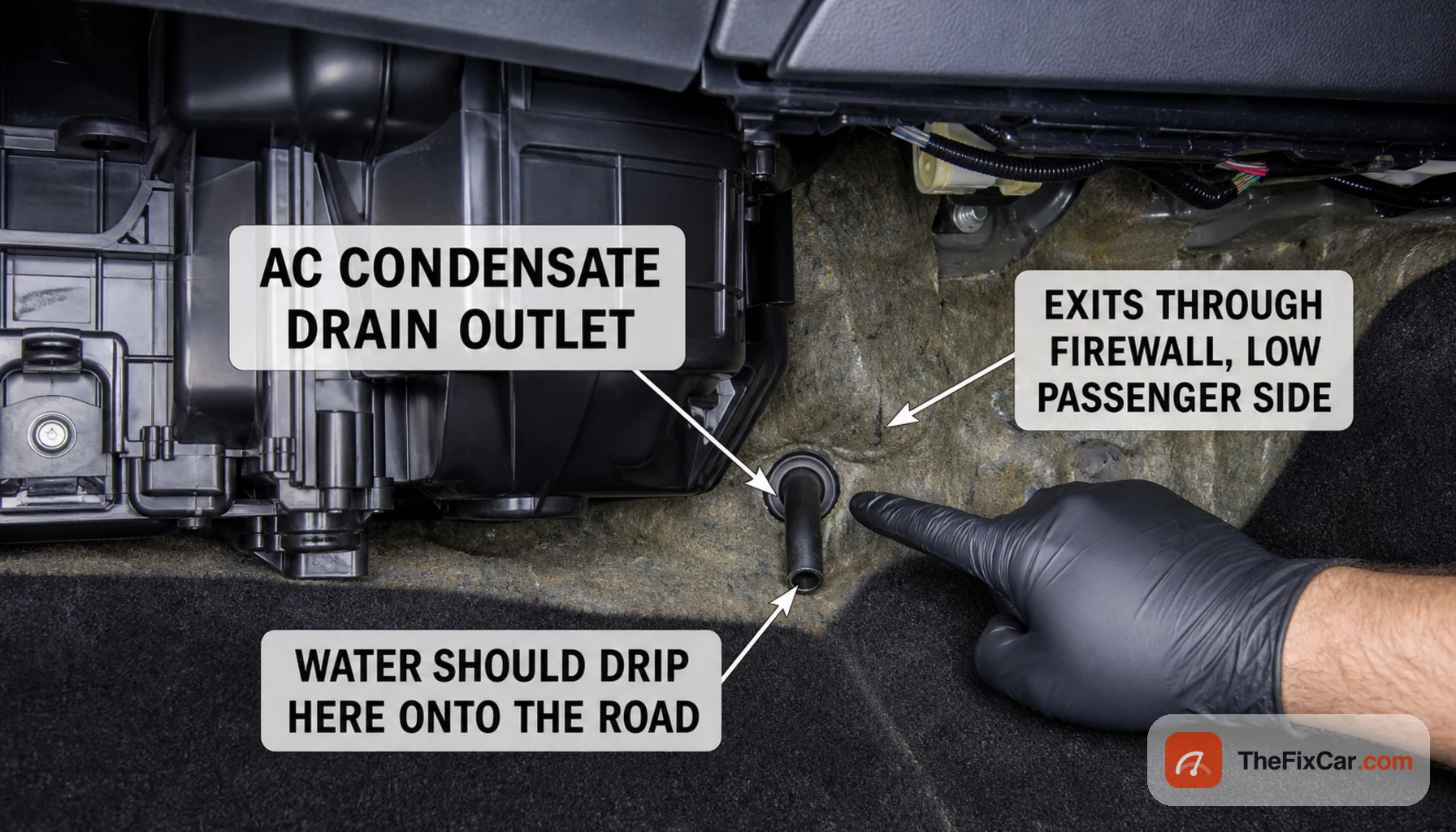 Annotated under-dash photo with labels marking the AC condensate drain outlet, where it exits low through the firewall on the passenger side, and where water should drip onto the road