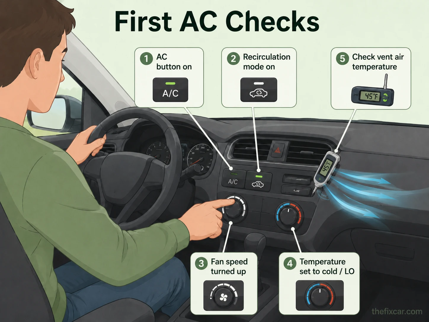 First AC checks: confirm AC button on, recirculation mode on, fan speed high, temperature knob set to cold