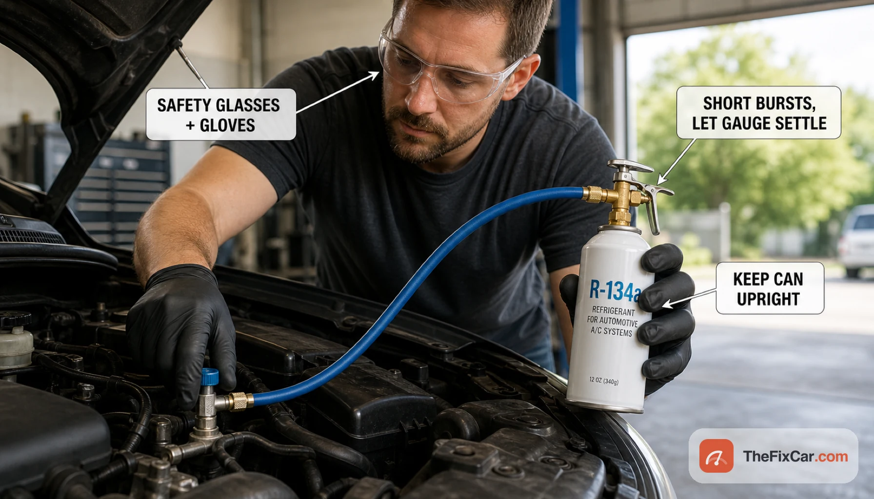 Person in safety glasses and gloves pressing a refrigerant can coupler onto the low-side AC port, can held upright, with callouts to wear PPE, keep the can upright, and add in short bursts letting the gauge settle
