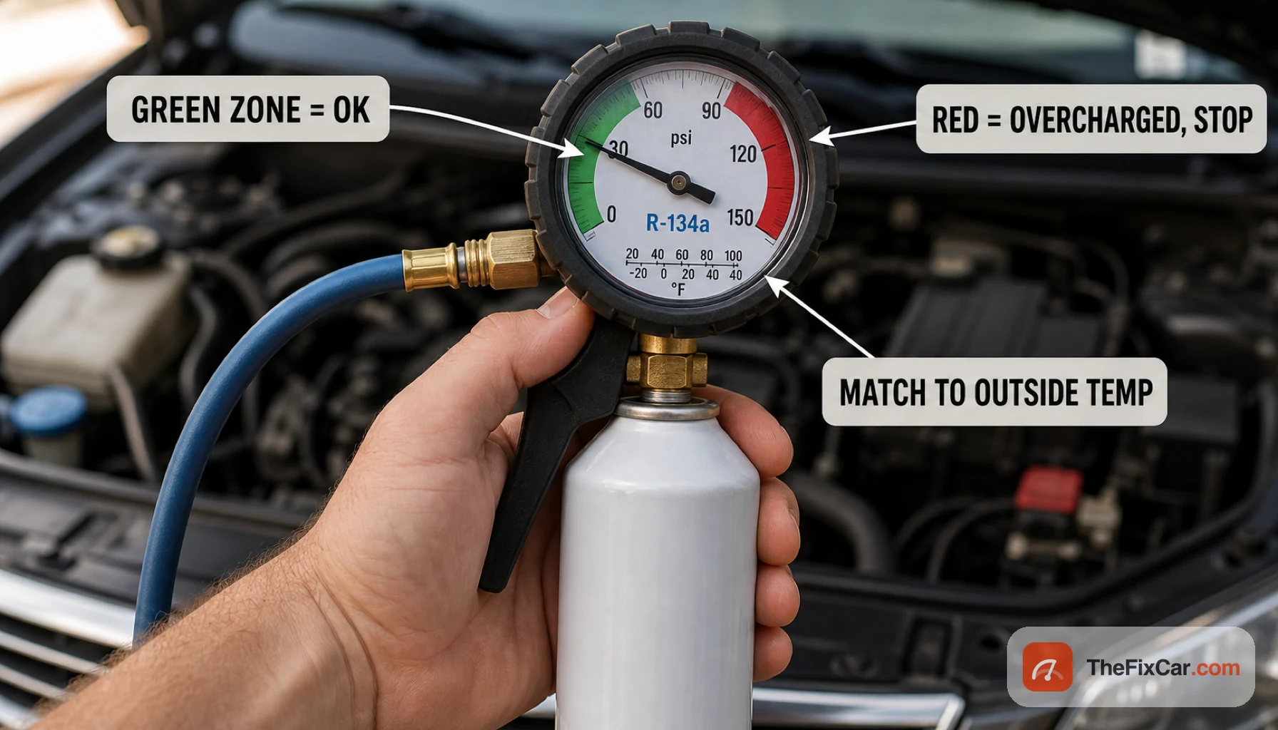 Hand holding an R-134a recharge can with a dial gauge, needle in the green zone, with callouts that green means OK, red means overcharged stop, and match the reading to the outside temperature