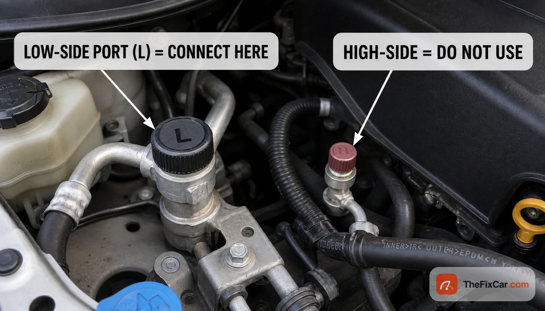 Engine bay showing both AC service ports, with the L-capped low-side port labeled connect here and the high-side port labeled do not use