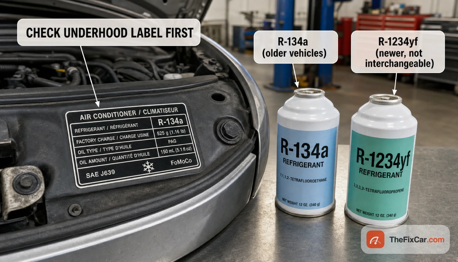 Underhood AC label reading R-134a next to two refrigerant cans, with callouts to check the underhood label first and that R-134a and R-1234yf are not interchangeable