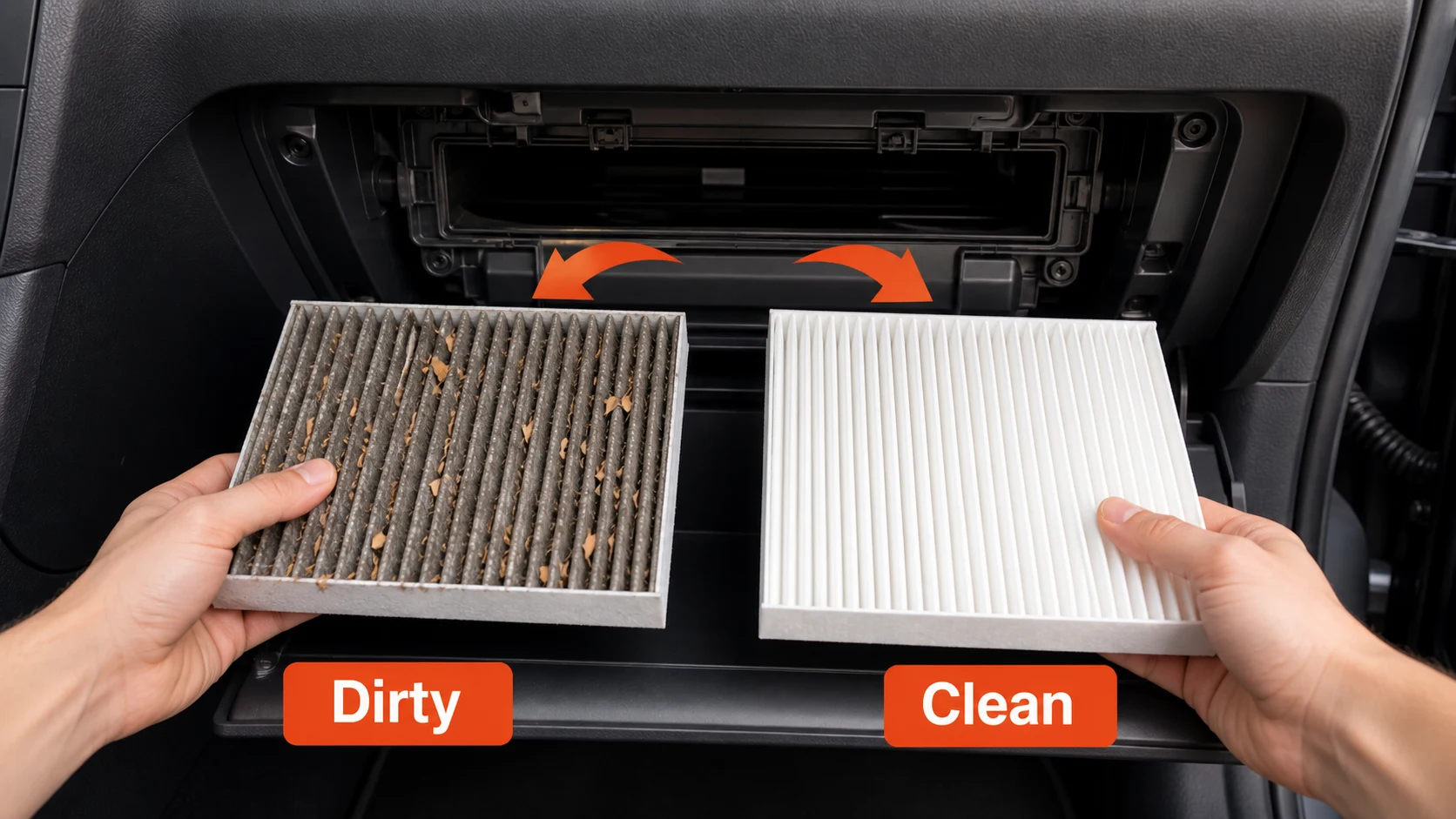 Cabin air filter comparison showing heavily soiled dirty filter with debris versus new clean replacement filter, removed from glove box housing