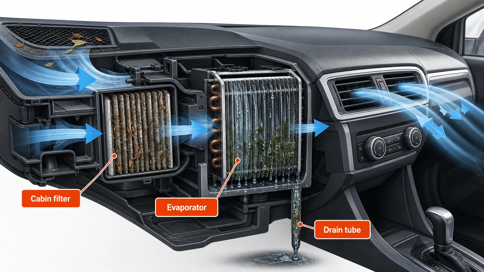 Car HVAC system cross-section showing contaminated cabin filter, mold-covered evaporator core, and blocked drain tube causing musty AC smell