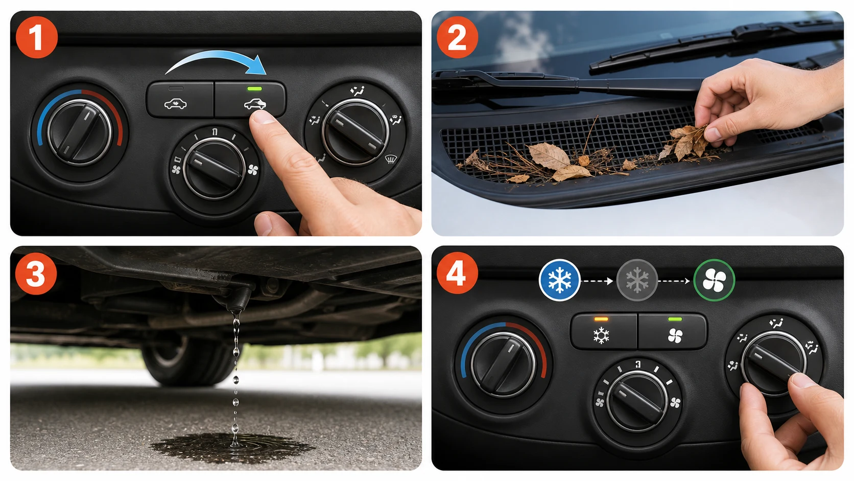 Four first checks for car AC smell diagnosis: AC button activation, cabin air intake check, drain water confirmation under car, AC controls setting