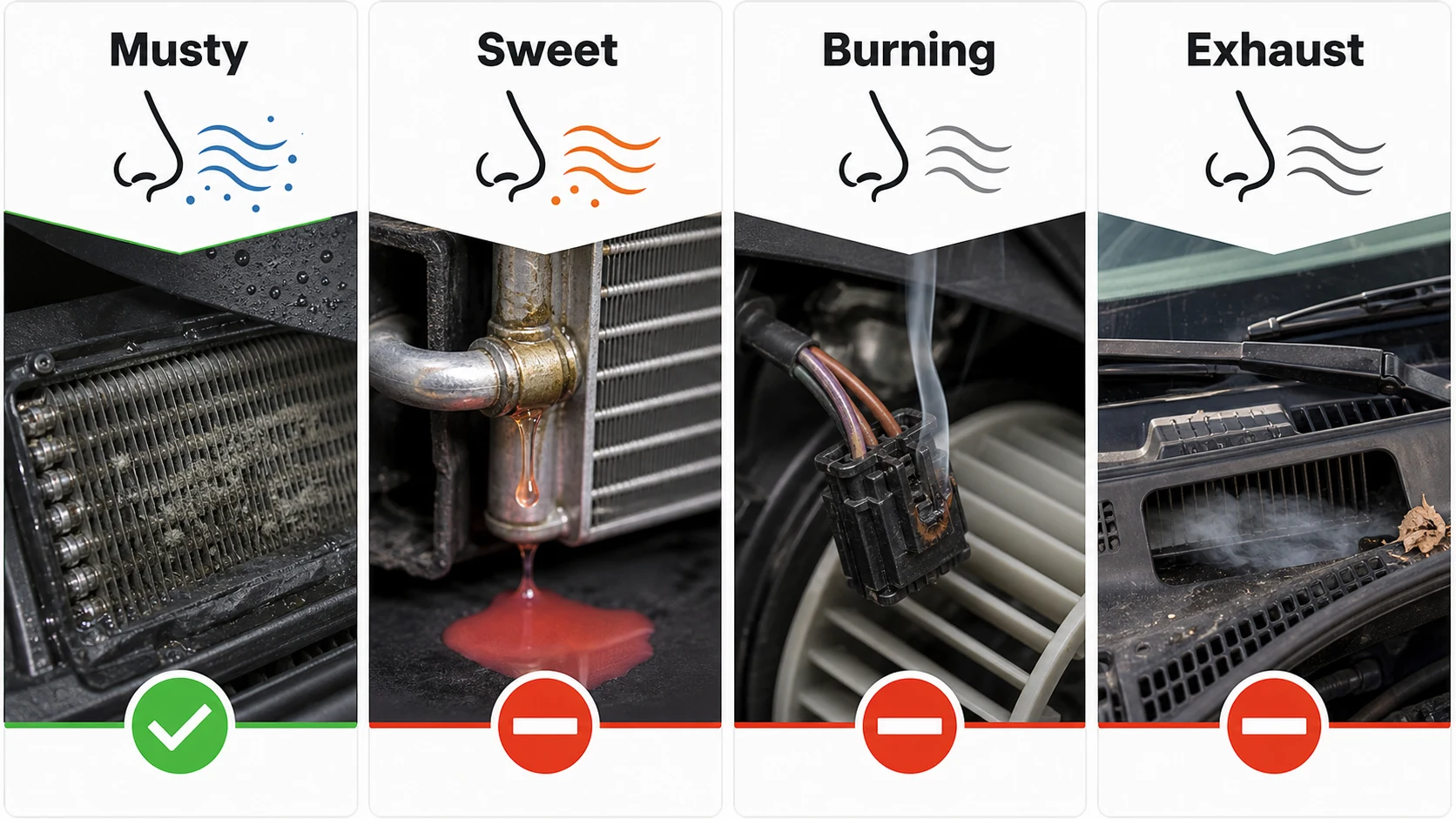 Car AC smell types and safety guide: musty is safe to drive, sweet coolant smell requires coolant check, burning means switch AC off, sulfur means shop visit