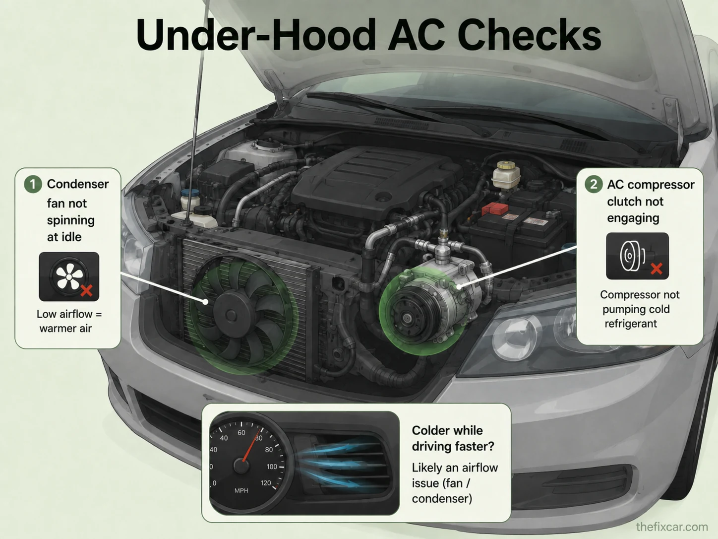 Under-hood AC checks: condenser fan not spinning at idle and AC compressor clutch not engaging
