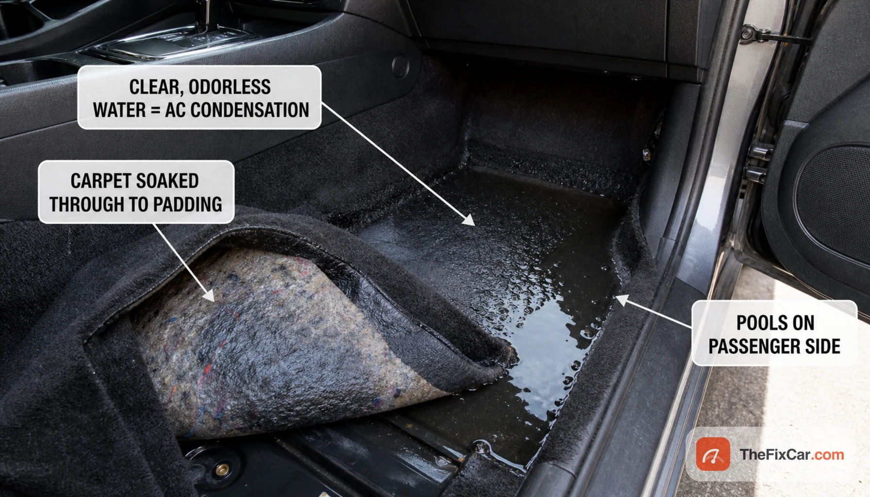 Annotated photo of a soaked passenger footwell: labels mark clear odorless water as AC condensation, carpet soaked through to the padding, and water pooling on the passenger side