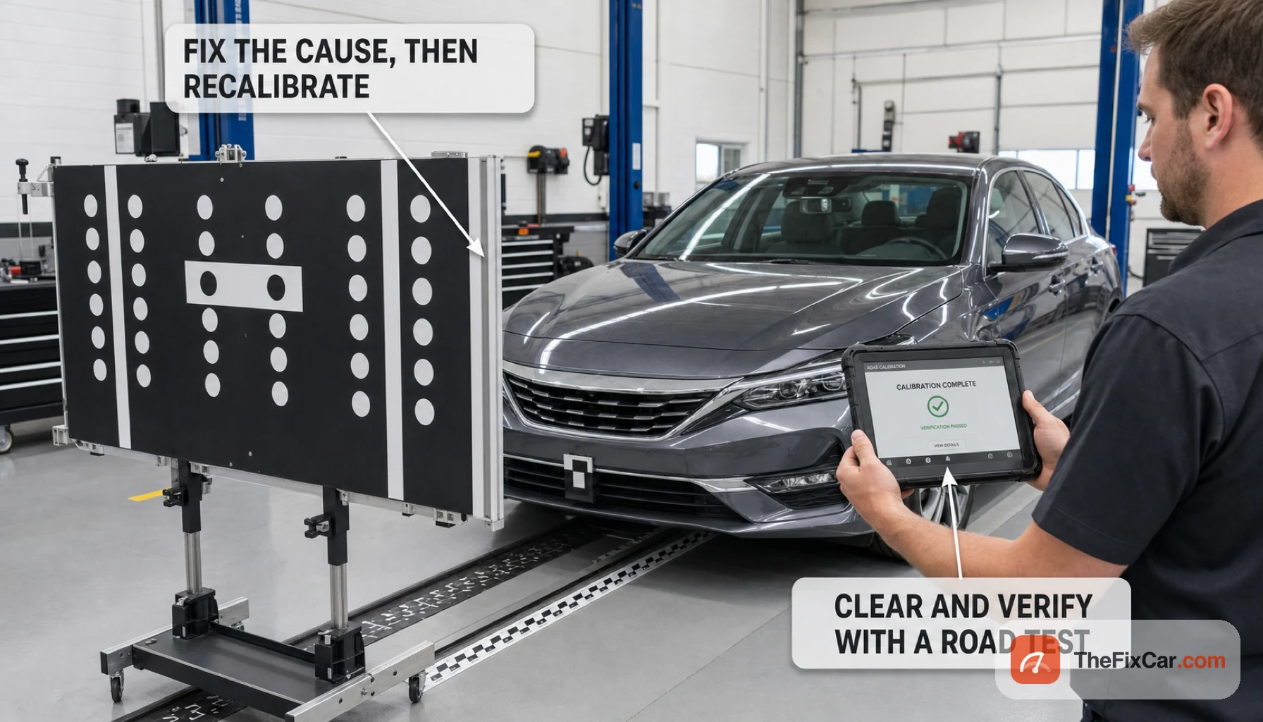 Technician with a diagnostic tablet beside a car with an ADAS calibration target board in front of it, callouts to fix the cause then recalibrate and to clear and verify with a road test