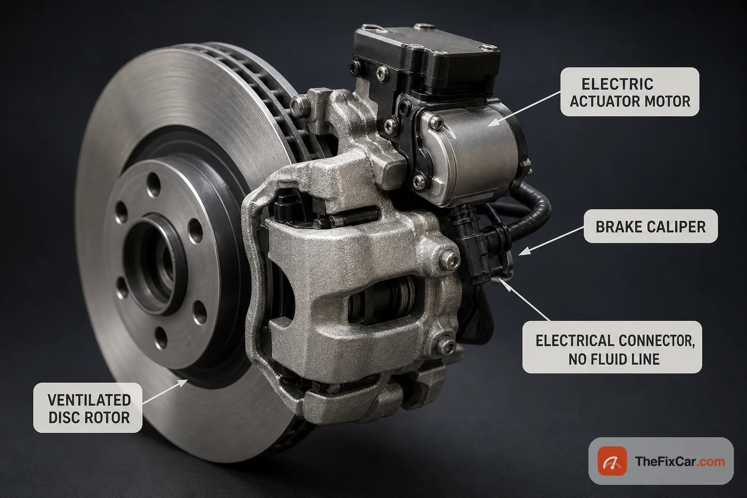 Close-up of an electro-mechanical brake caliper with an electric actuator motor and an electrical connector instead of a fluid line, mounted on a ventilated disc rotor