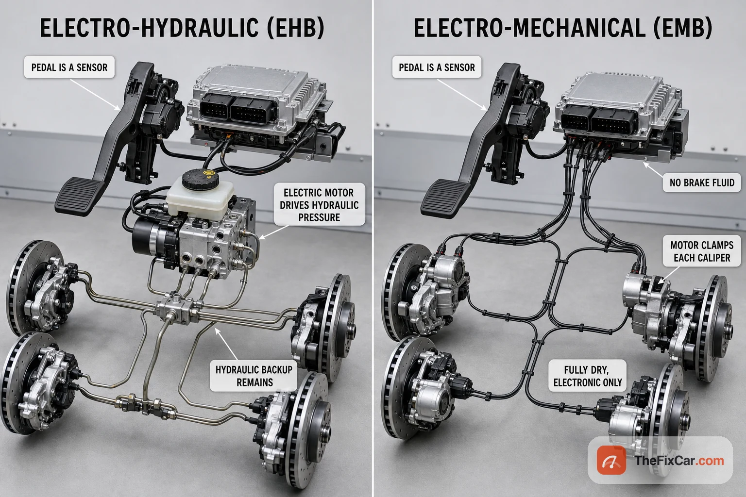 Cutaway comparison of electro-hydraulic brake-by-wire that keeps a hydraulic backup versus electro-mechanical brake-by-wire with no brake fluid where a motor clamps each caliper