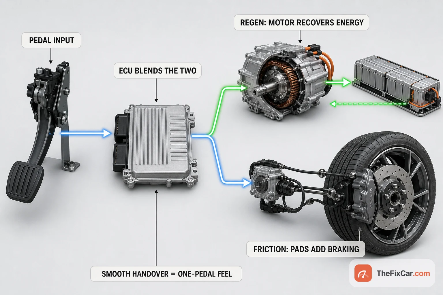 Diagram of brake-by-wire blending regenerative and friction braking, where the ECU splits pedal input between the drive motor recovering energy and the friction brakes at the wheel for one-pedal feel