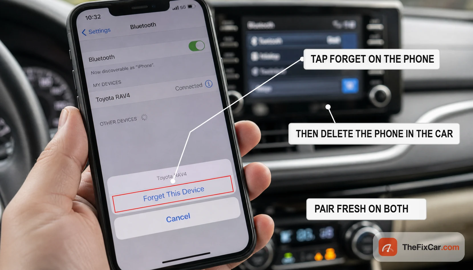 Phone Bluetooth settings showing Forget This Device, the first step before re-pairing a phone with a car