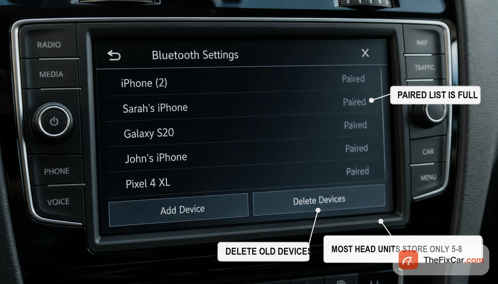 Car Bluetooth settings list filled with several old paired phones, with prompts to delete old devices so a new phone can pair