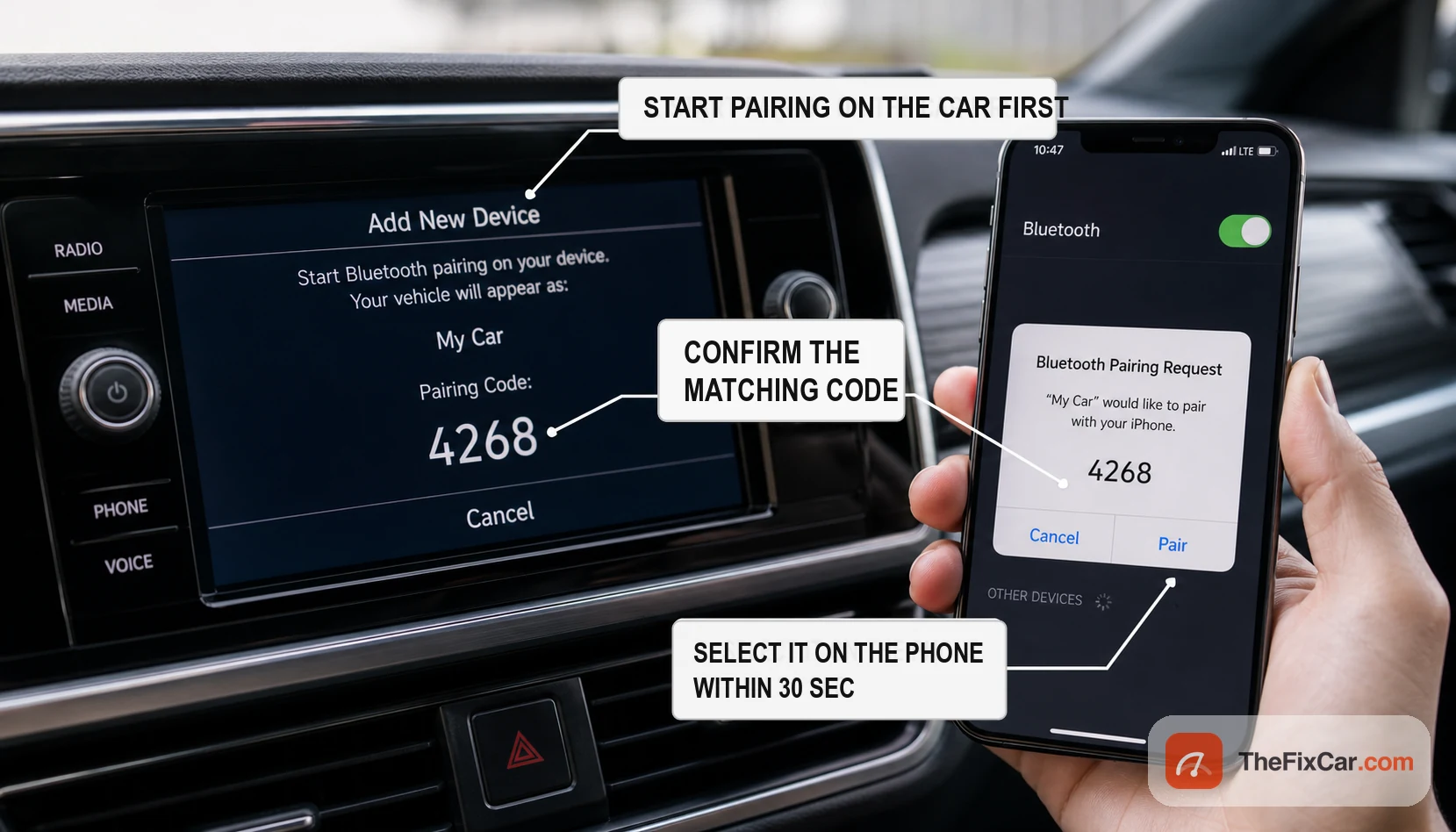 Car infotainment screen and a phone showing the same Bluetooth pairing code, started from the car's Add New Device prompt