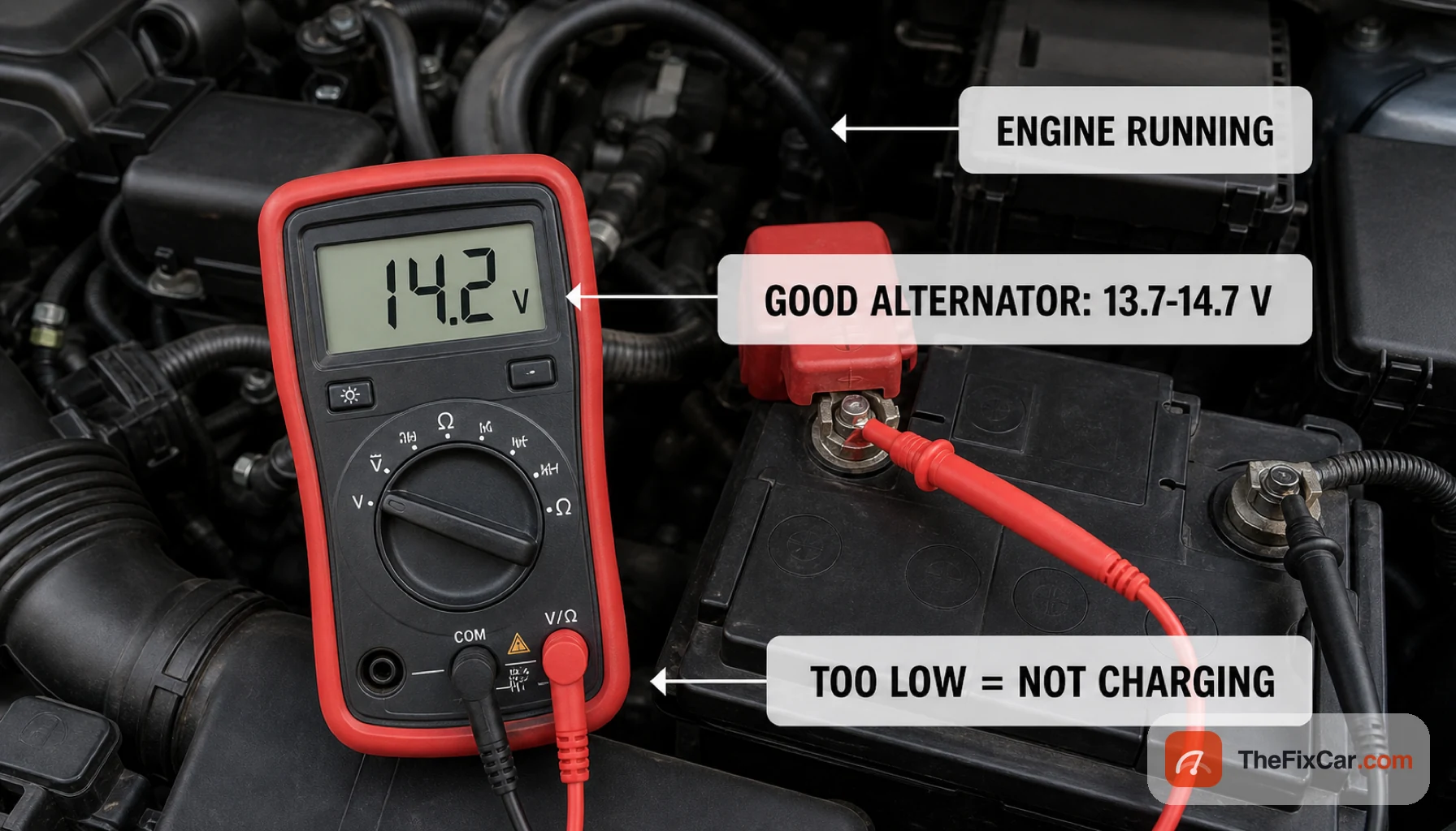 Multimeter reading 14.2 volts with the engine running, showing the alternator is charging in the healthy 13.7 to 14.7 volt range