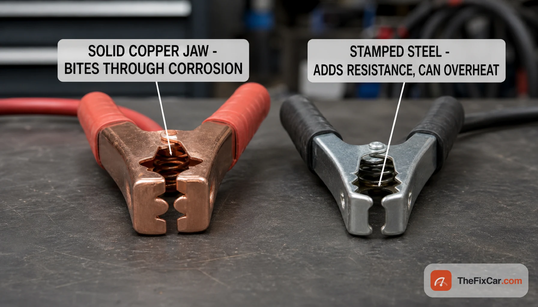 Solid copper jumper cable clamp that bites through corrosion next to a cheap stamped steel clamp that adds resistance and can overheat