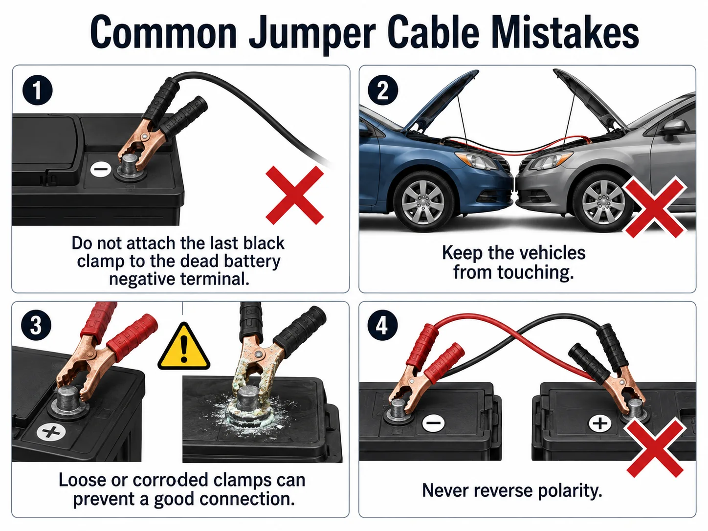 Infographic showing common jumper cable mistakes during a jump start
