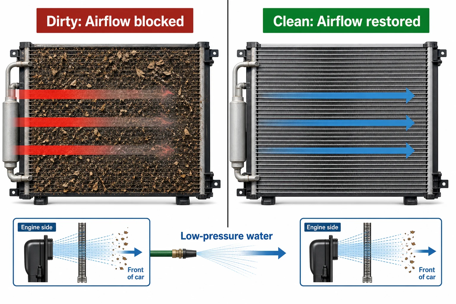 Comparison of blocked condenser fins versus clean condenser, with low-pressure water rinse direction from engine bay side