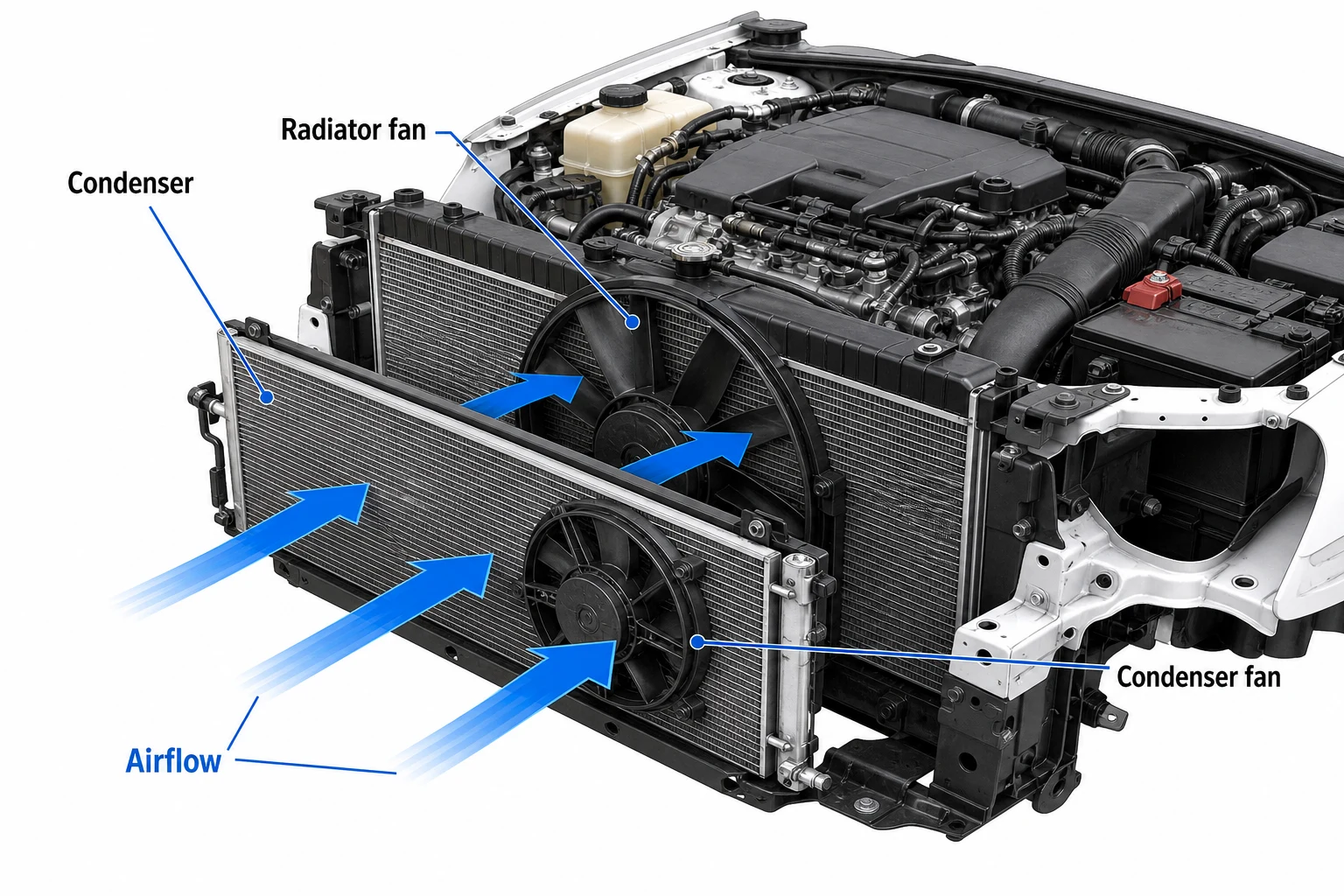Diagram showing condenser, radiator fan, and condenser fan location in engine bay with airflow arrows