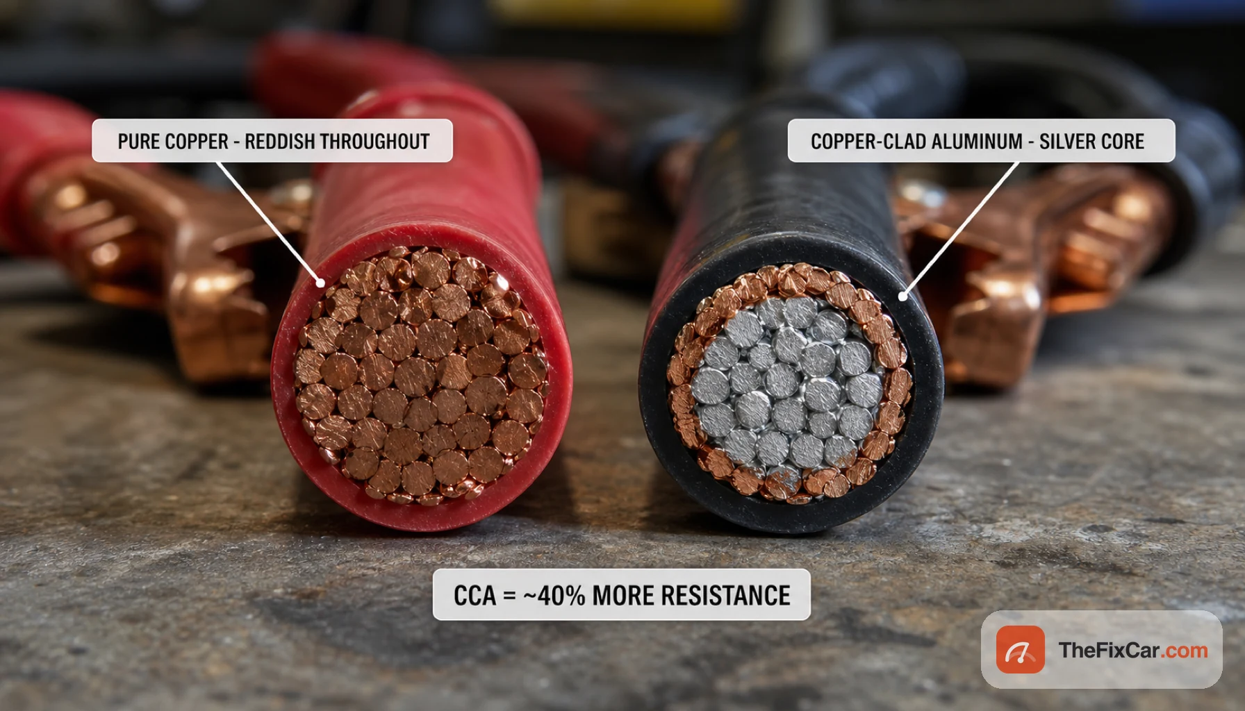 Cut jumper cable ends side by side: pure copper reddish throughout versus copper-clad aluminum with a silver core that adds about 40 percent more resistance