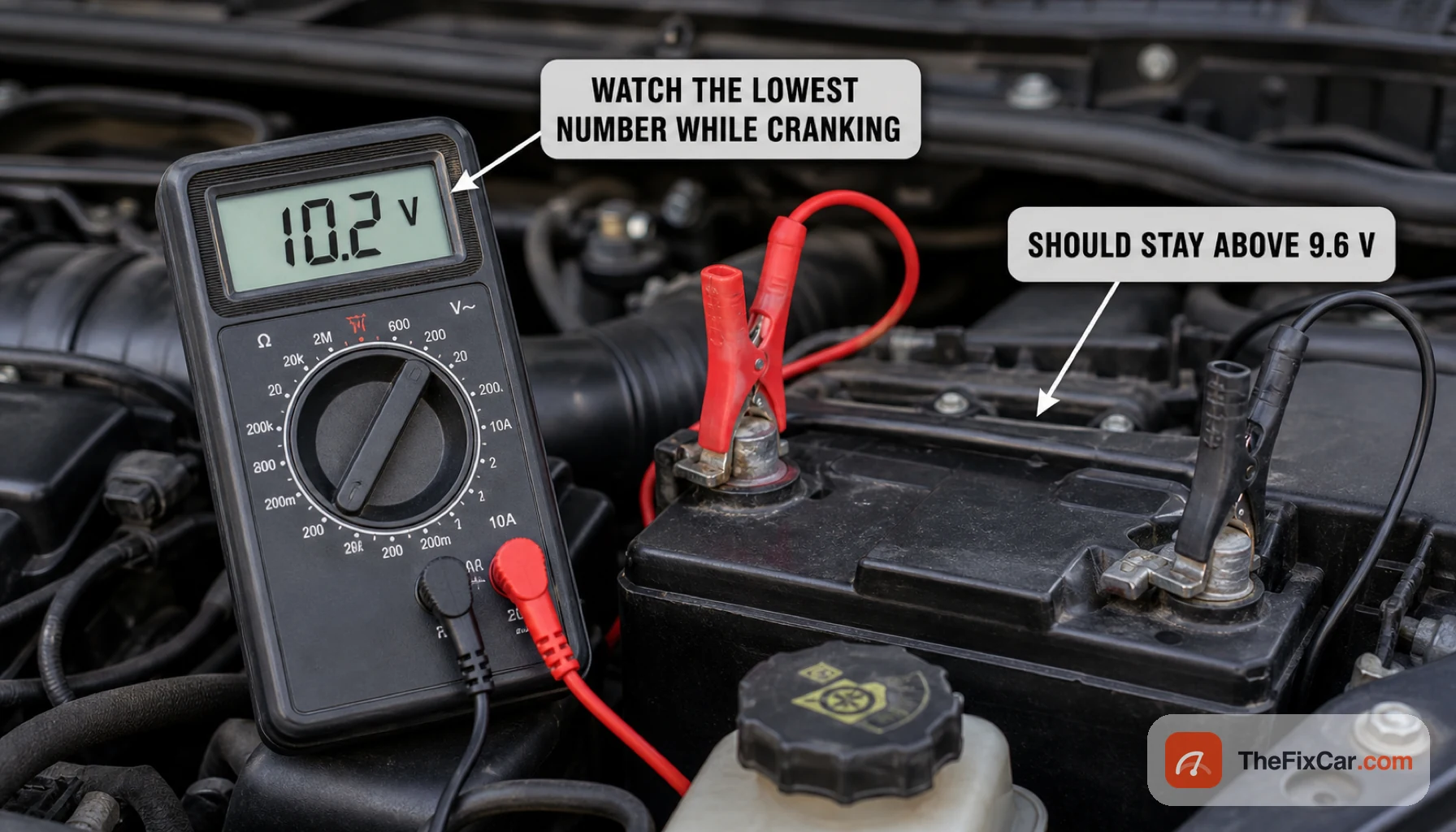 Multimeter on a car battery reading about 10 volts while the engine cranks, which should stay above 9.6 volts on a healthy battery