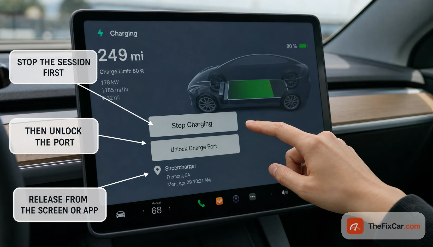 EV center touchscreen showing Stop Charging and Unlock Charge Port options used to release a stuck charging cable