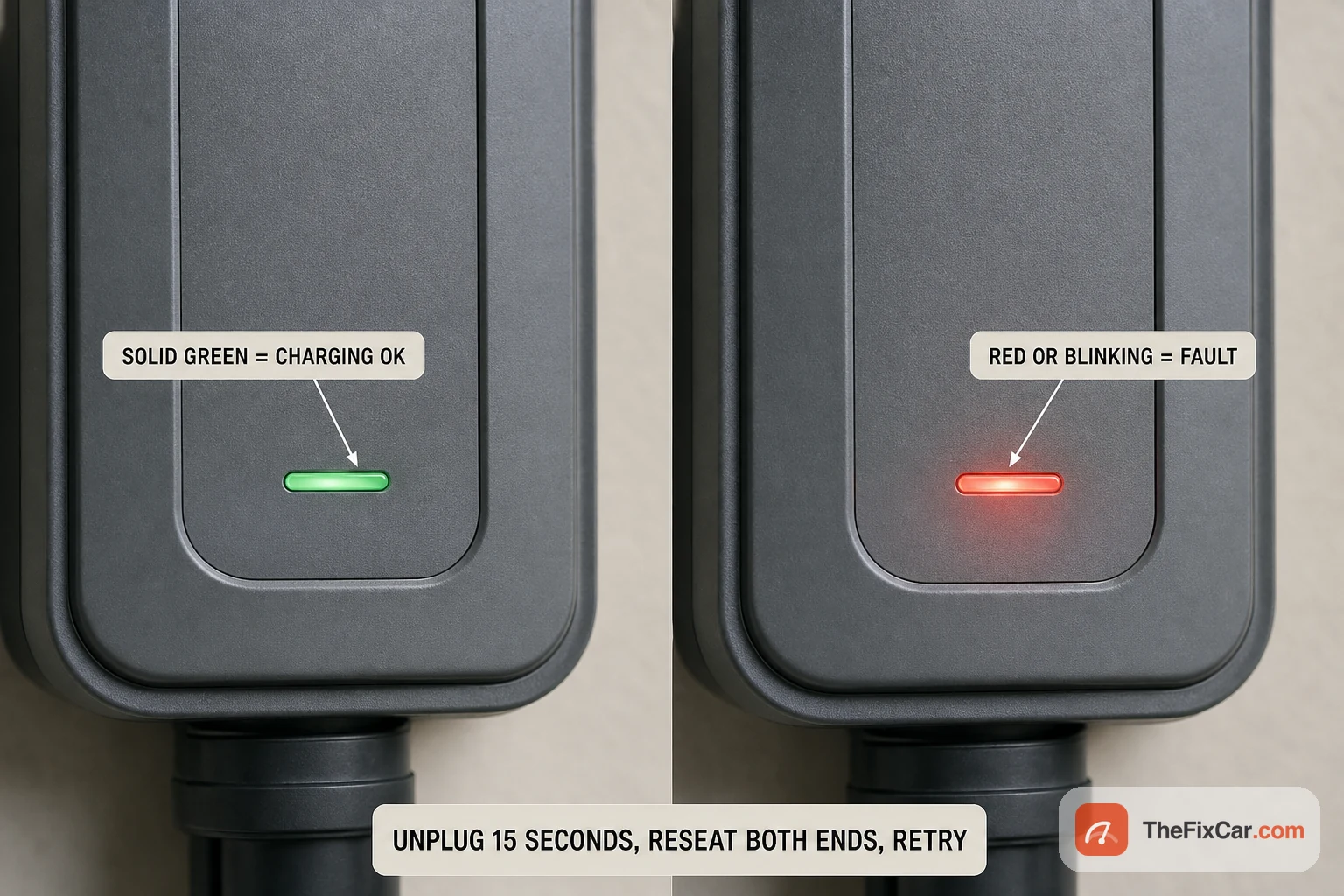 EV wall charger status light shown twice: solid green labelled charging OK on the left, red blinking labelled fault on the right, with a reminder to unplug 15 seconds and reseat both ends