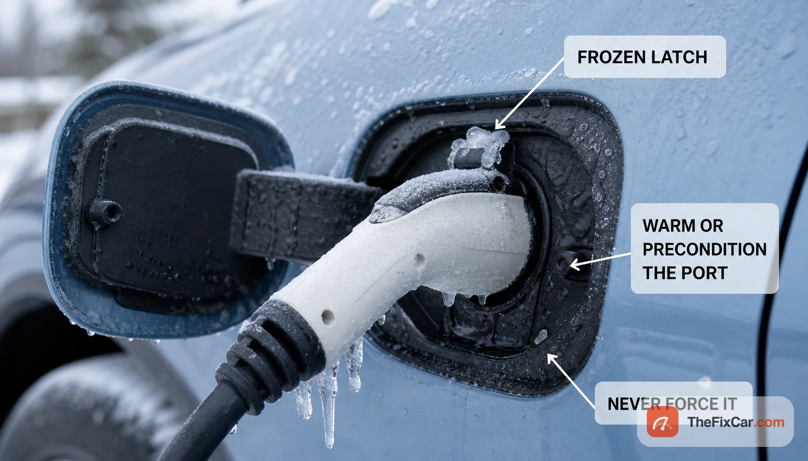 EV charge port and connector iced over in cold weather, showing a frozen latch that needs warming before it will release
