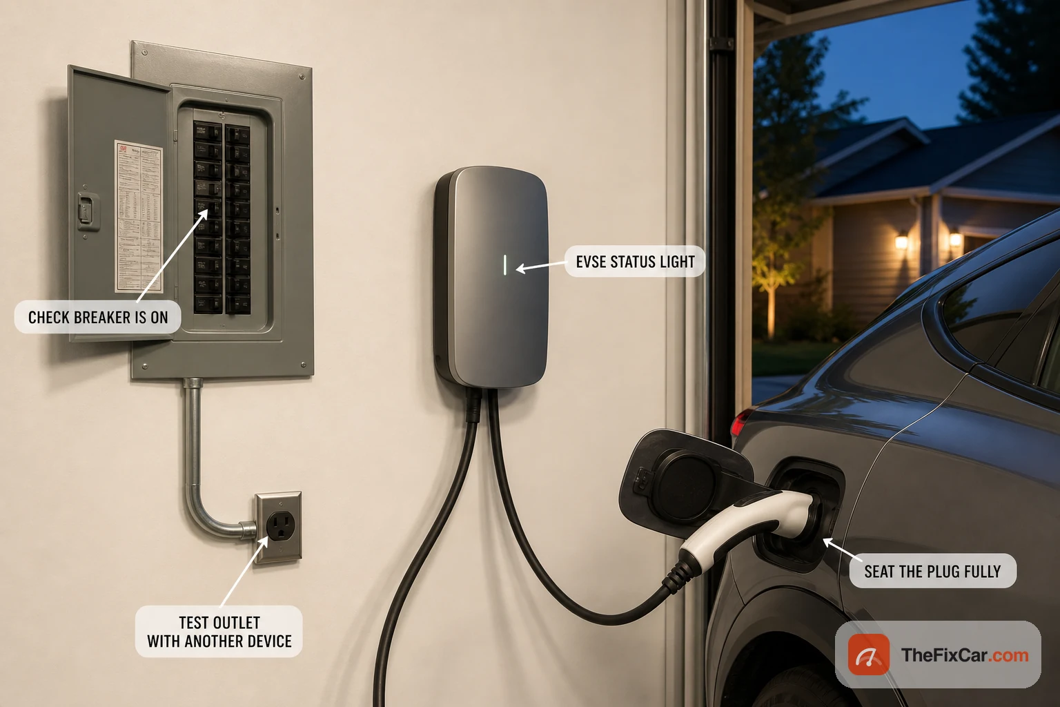 Home garage EV charging setup with callouts pointing to check the breaker is on, the EVSE status light, seating the plug fully, and testing the outlet with another device