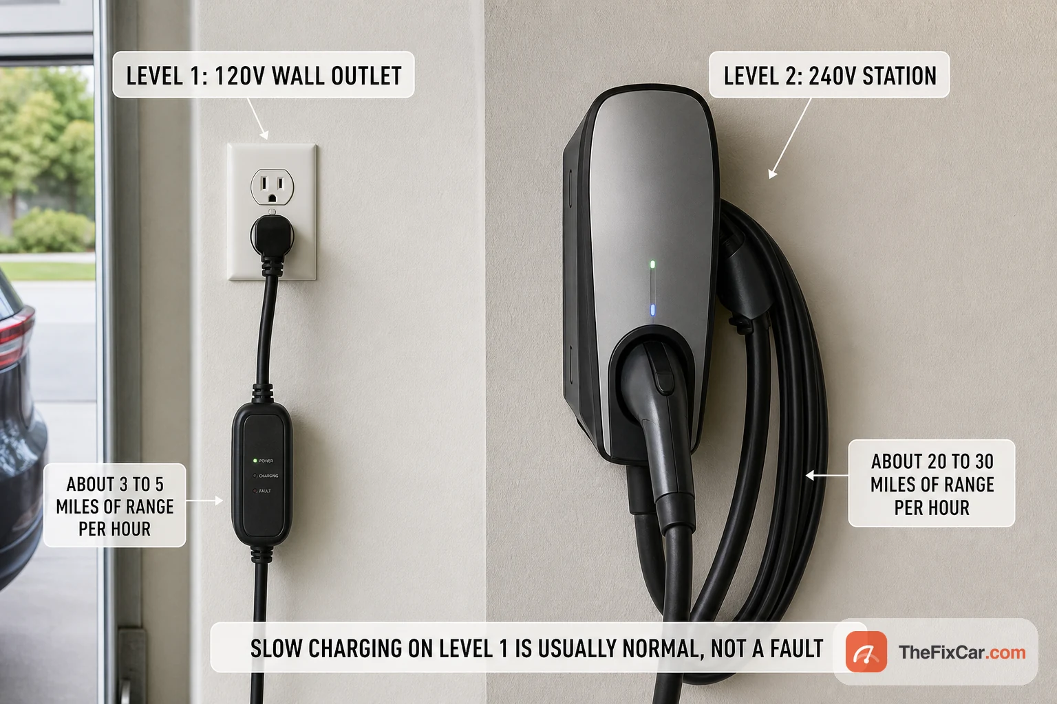 Side by side comparison of Level 1 120-volt wall outlet charging at about 3 to 5 miles per hour versus a Level 2 240-volt home station at about 20 to 30 miles per hour