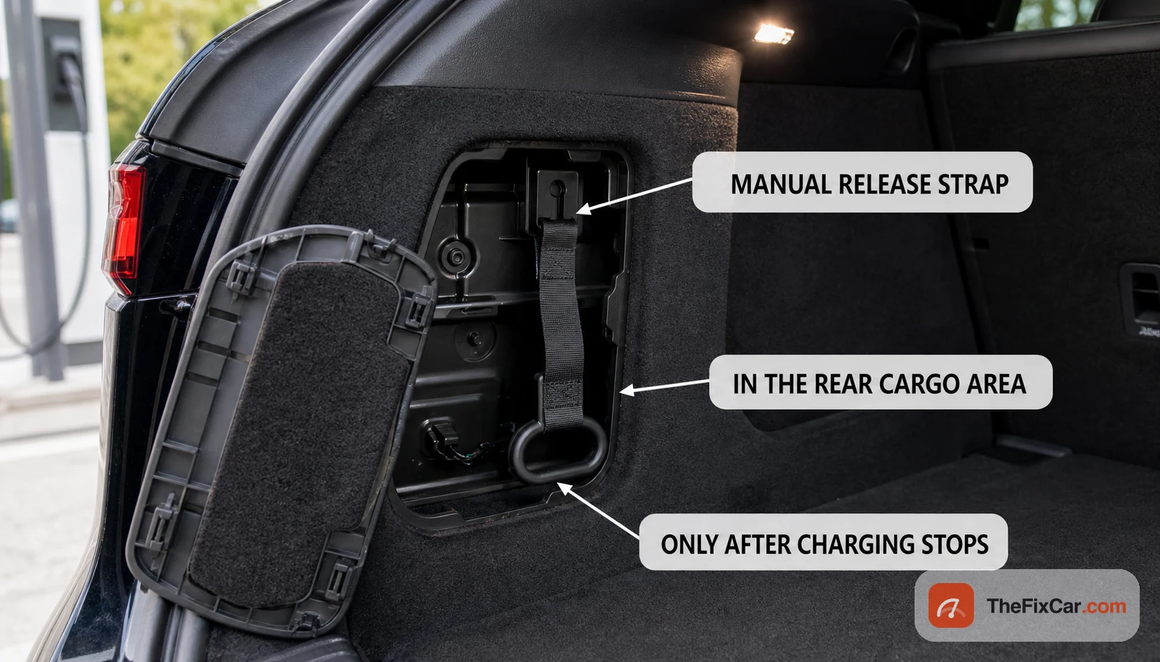 EV emergency manual release strap in the rear cargo area, to be pulled only after charging has stopped