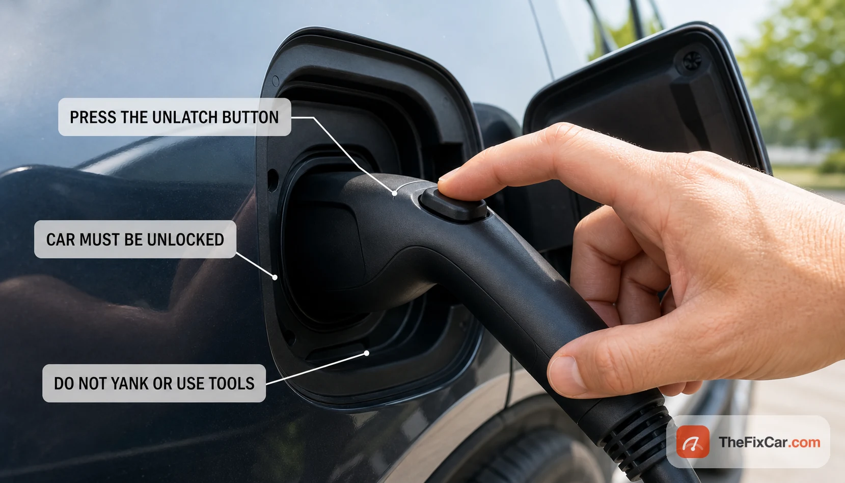 Hand pressing the unlatch button on an EV charging connector handle, with a note that the car must be unlocked and not to use tools