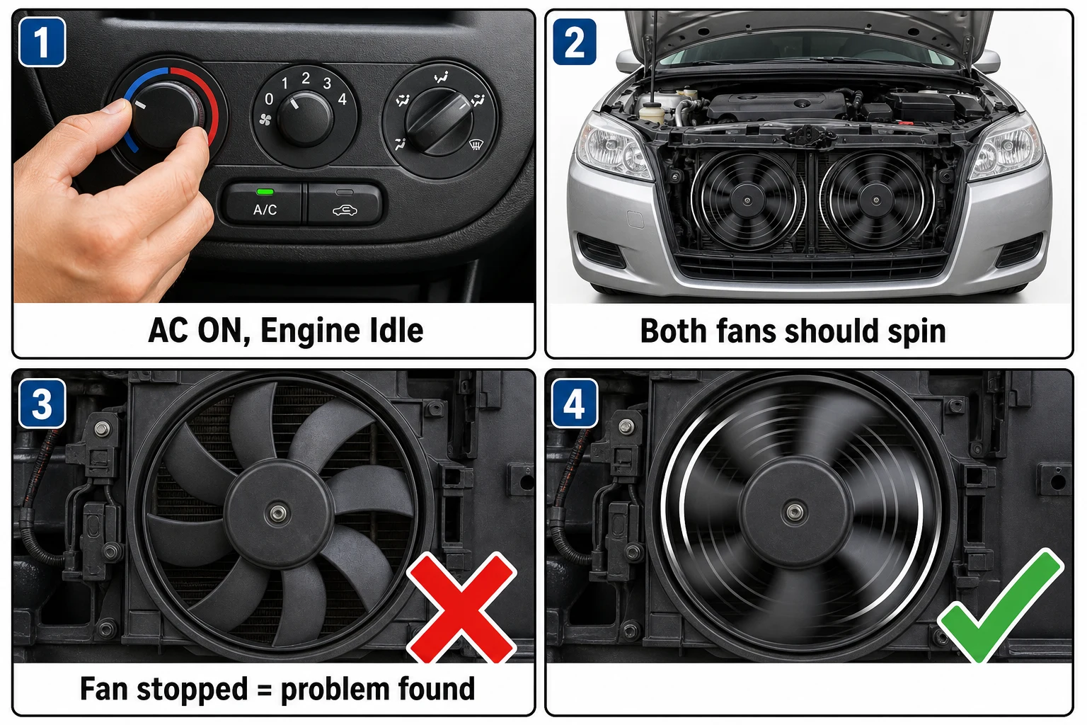 Four-step guide: turn AC on at idle, confirm both fans spin, identify a stopped fan as the problem