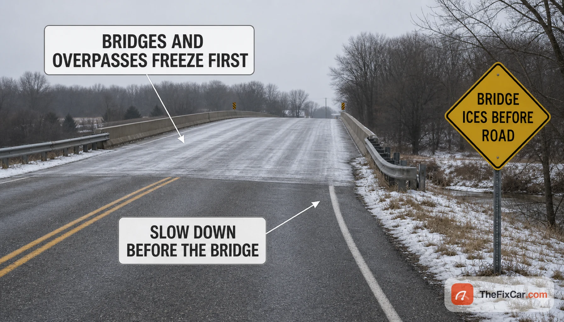 Icy highway overpass on a gray winter day with a bridge ices before road sign, callouts that bridges and overpasses freeze first and to slow down before the bridge