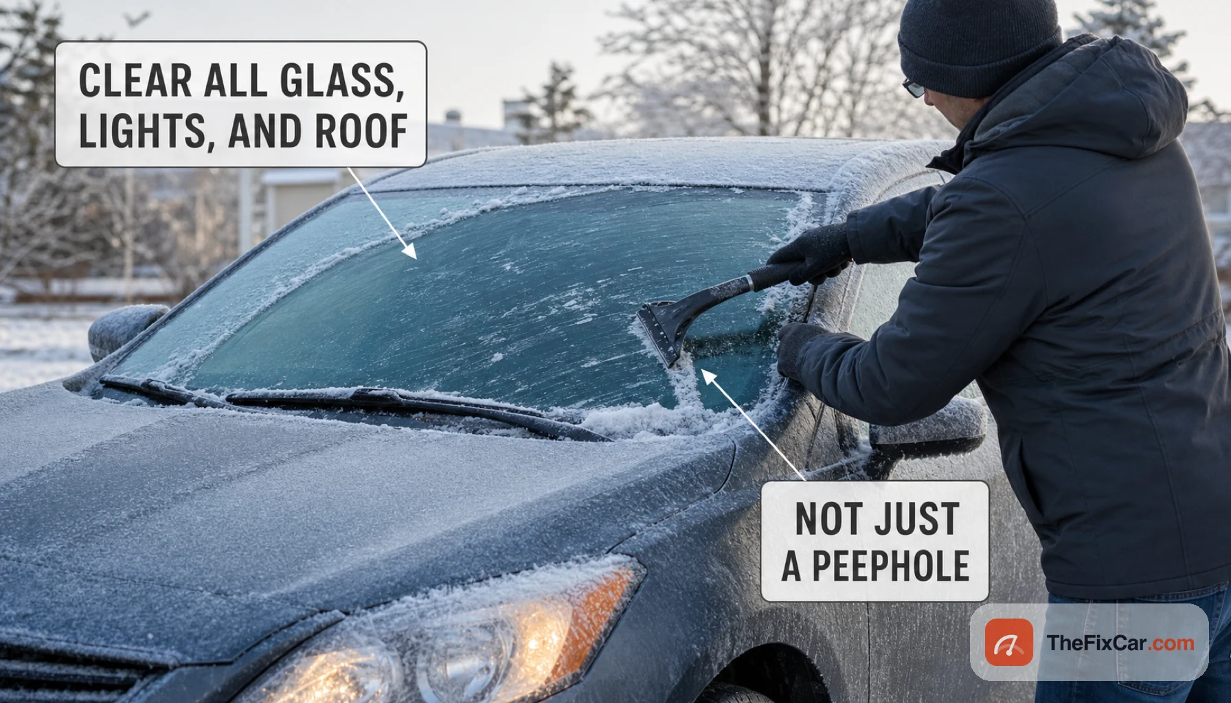 Person scraping ice off a car windshield with frost on the mirror and lights, callouts to clear all glass, lights, and roof and not just a peephole