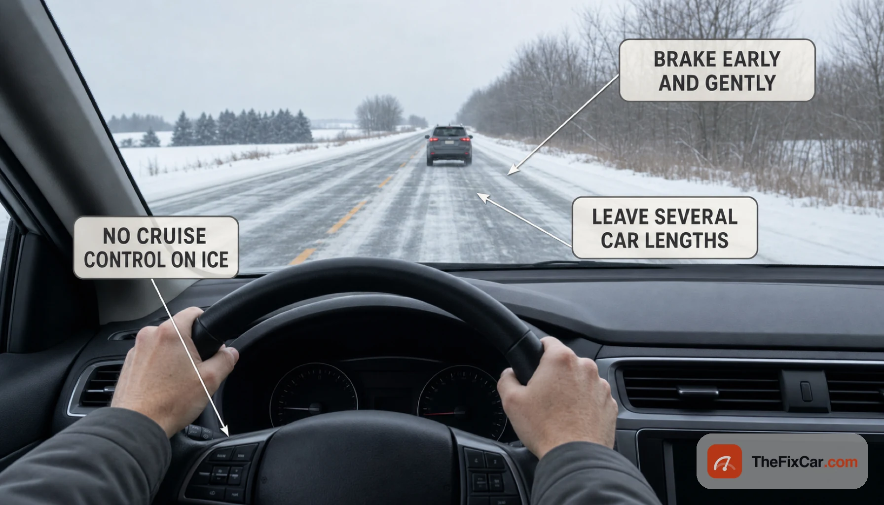 View over the steering wheel on a snowy road with a car well ahead, callouts for no cruise control on ice, brake early and gently, and leave several car lengths