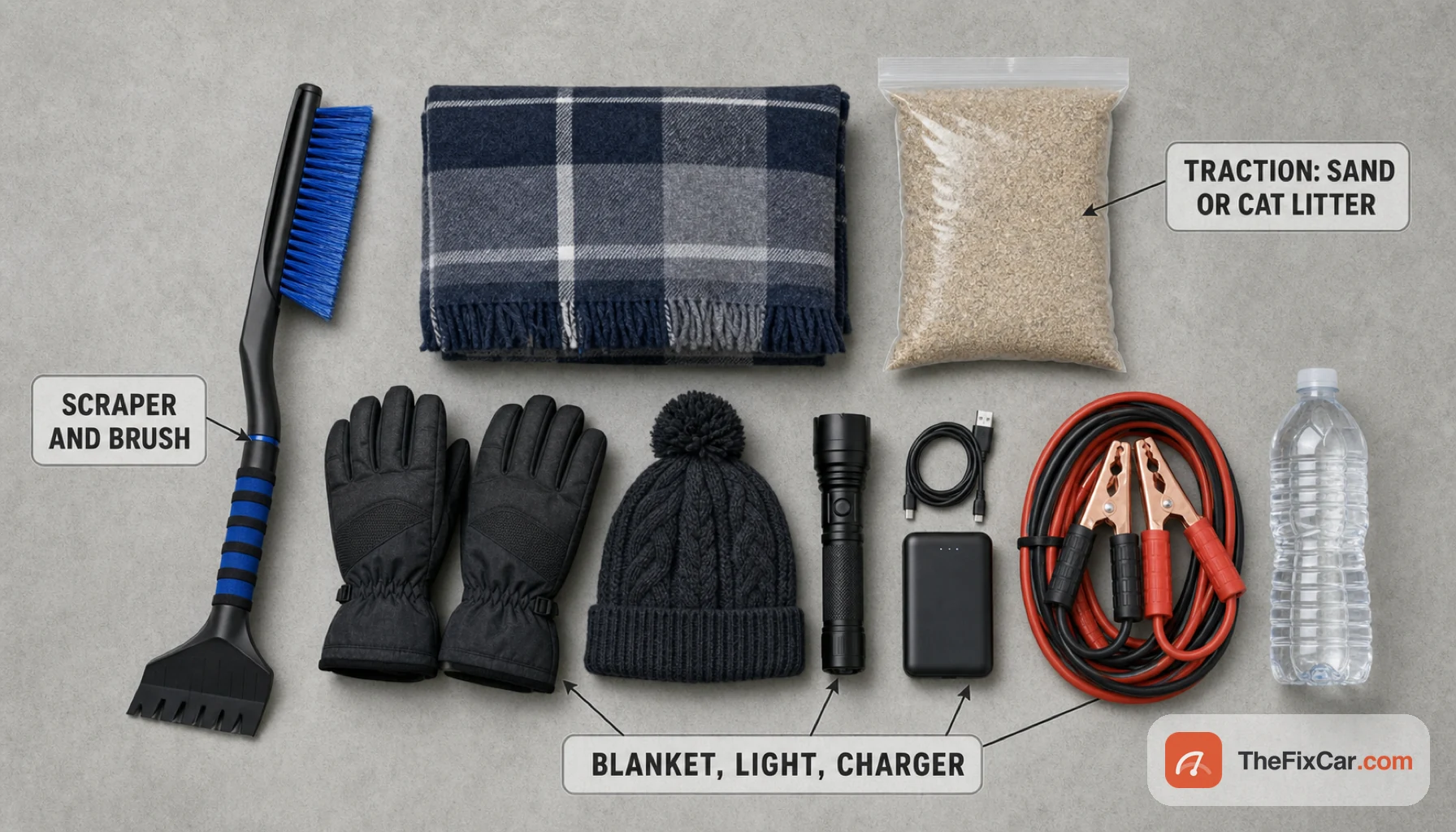 Overhead flat lay of a winter car emergency kit: ice scraper and brush, blanket, gloves, hat, flashlight, charger, traction sand, jumper cables, and water, with labels