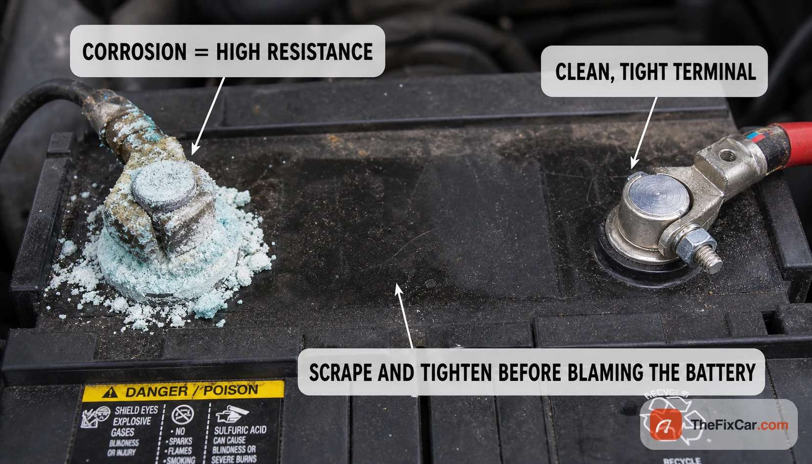 Car battery with one terminal buried in white and green corrosion and the other clean and tight, showing how corrosion adds resistance