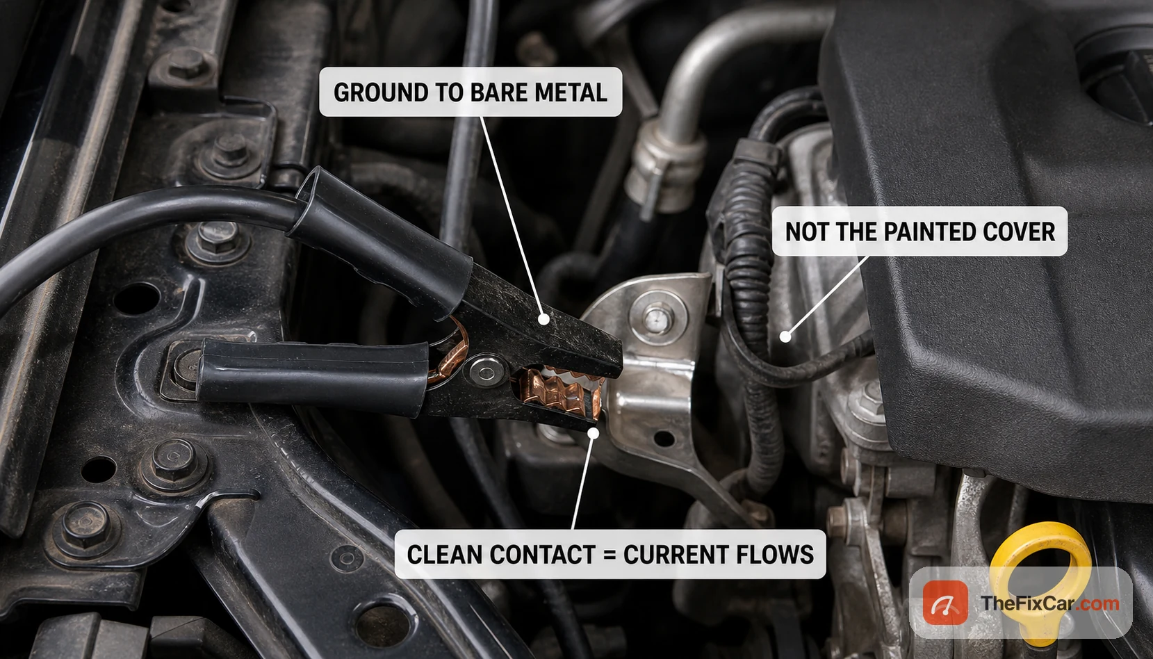 Black negative jumper cable clamp attached to clean bare unpainted engine metal instead of a painted cover for a solid ground