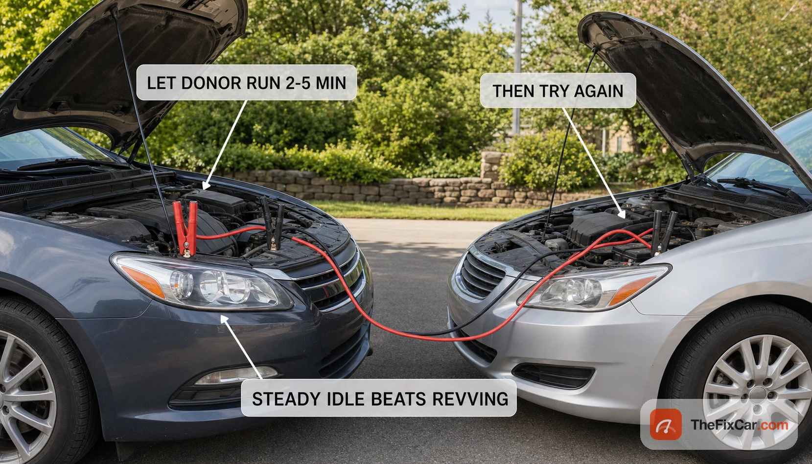 Two cars connected by jumper cables with the donor engine running, illustrating letting the donor idle a few minutes before retrying