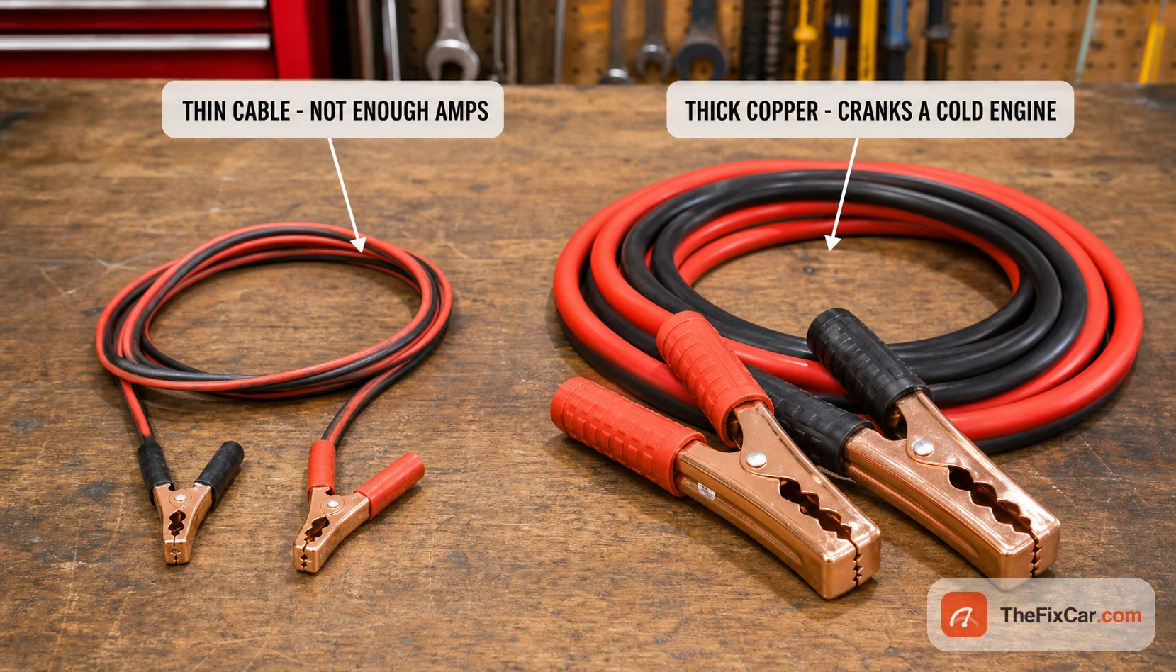 Thin cheap jumper cable beside a thick pure copper set, showing why undersized cables cannot carry enough current to crank an engine