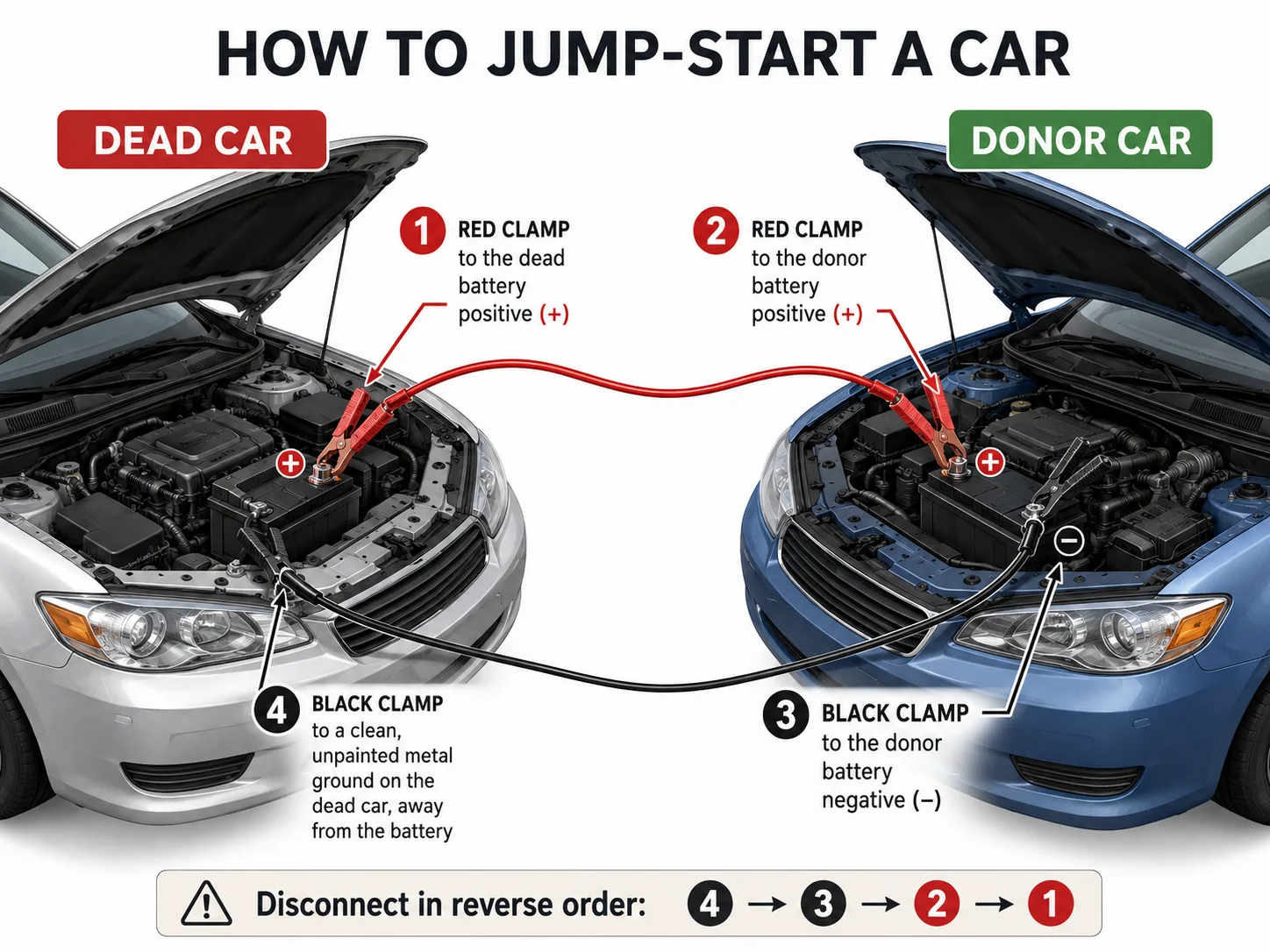Jumper cable connection order diagram showing the correct 4-step sequence between a dead car and a donor car